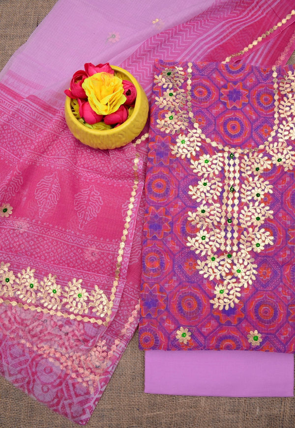 Hand Block Printing with Gota Work Kota Doria Cotton 3 pc Salwar Suit - Leheriya