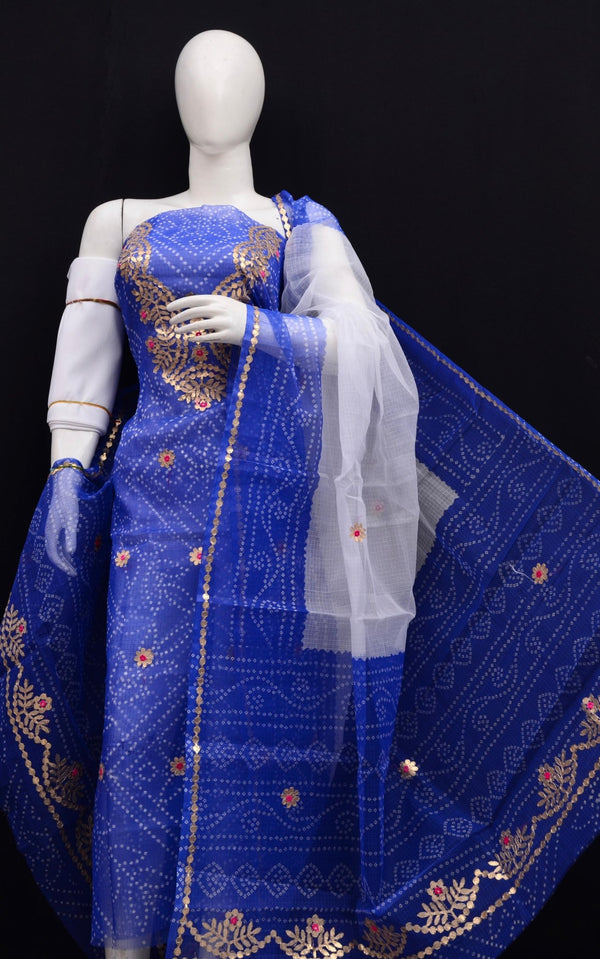 Hand Block Printing with Gota Work Kota Doria Cotton 3 pc Salwar Suit - Leheriya