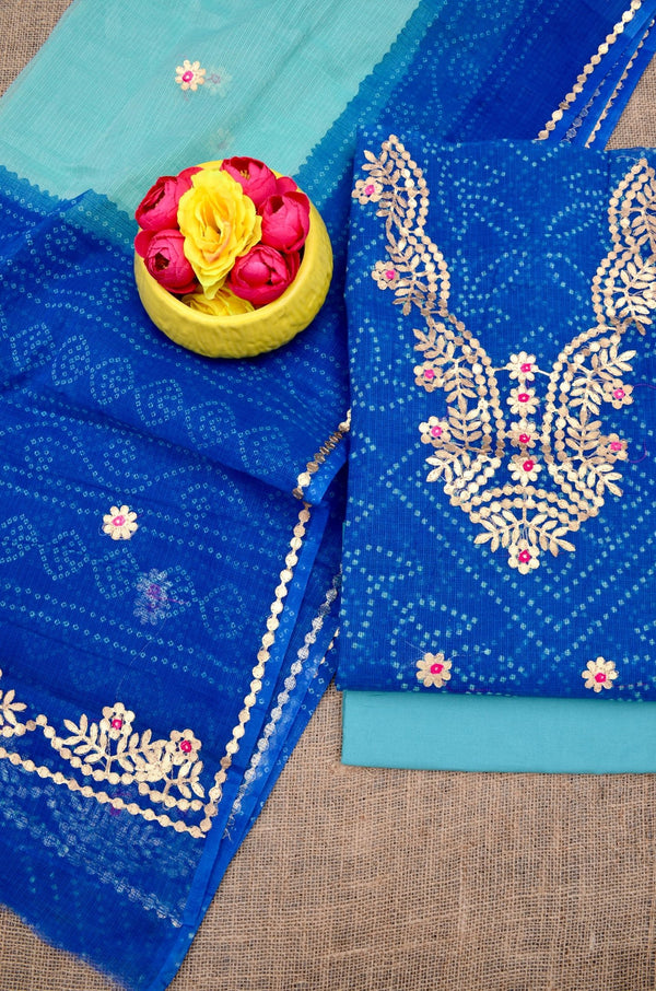 Hand Block Printing with Gota Work Kota Doria Cotton 3 pc Salwar Suit - Leheriya