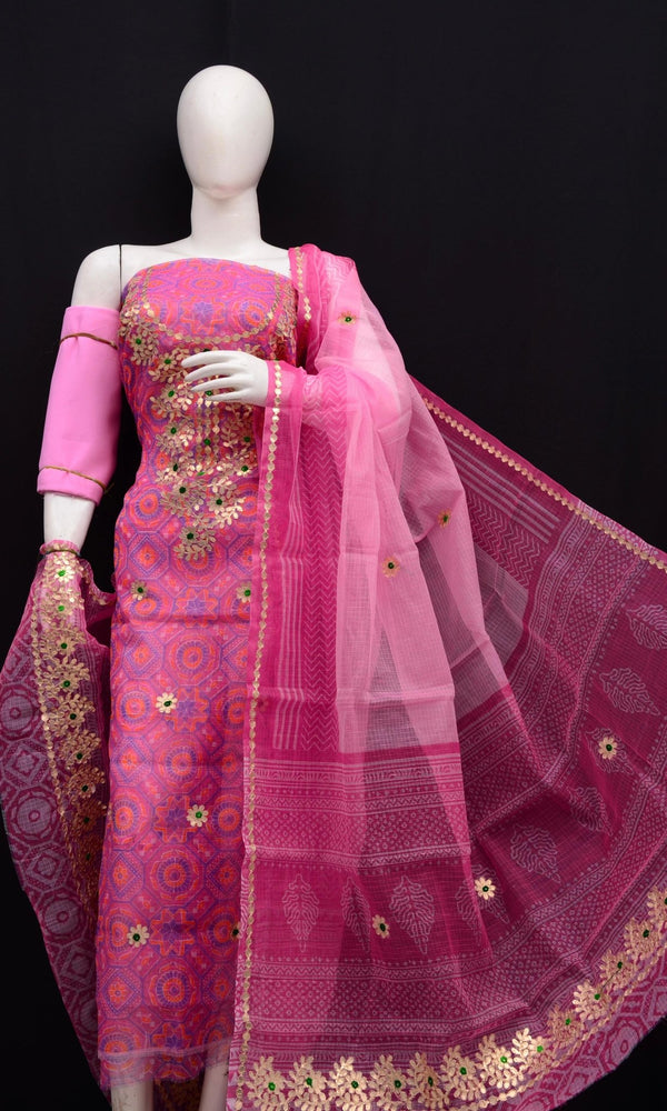 Hand Block Printing with Gota Work Kota Doria Cotton 3 pc Salwar Suit - Leheriya