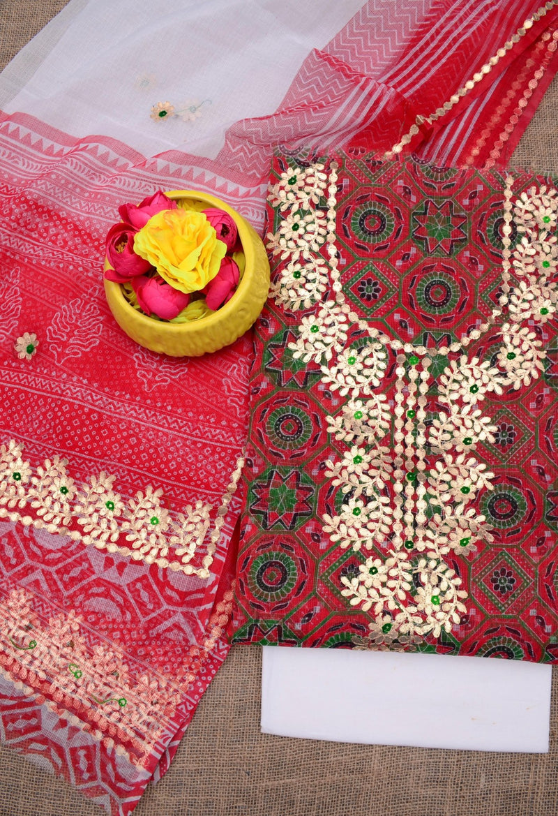 Hand Block Printing with Gota Work Kota Doria Cotton 3 pc Salwar Suit - Leheriya