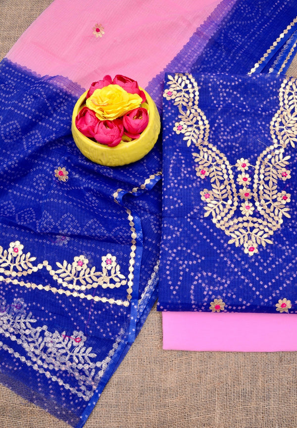 Hand Block Printing with Gota Work Kota Doria Cotton 3 pc Salwar Suit - Leheriya