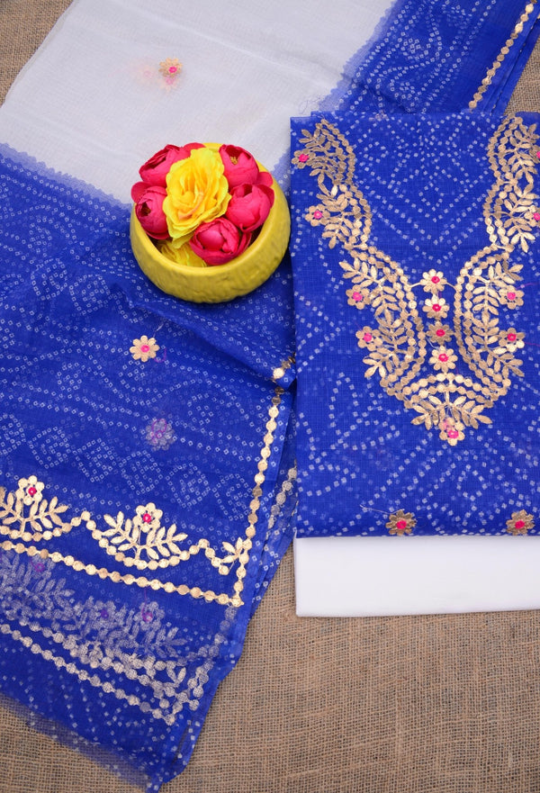Hand Block Printing with Gota Work Kota Doria Cotton 3 pc Salwar Suit - Leheriya