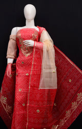 Hand Block Printing with Gota Work Kota Doria Cotton 3 pc Salwar Suit - Leheriya