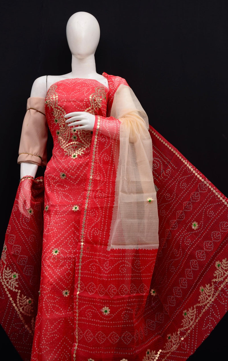 Hand Block Printing with Gota Work Kota Doria Cotton 3 pc Salwar Suit - Leheriya