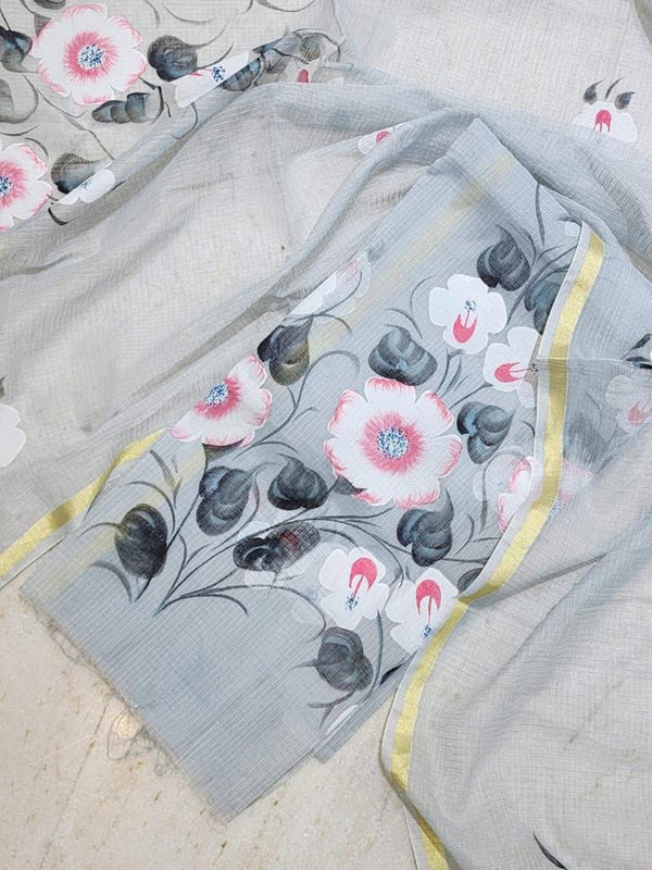 Hand Painted Kota Doria Salwar Suit | French Grey | - Leheriya