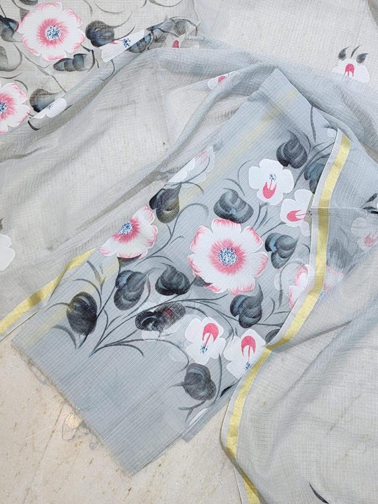 Hand Painted Kota Doria Salwar Suit | French Grey | - Leheriya