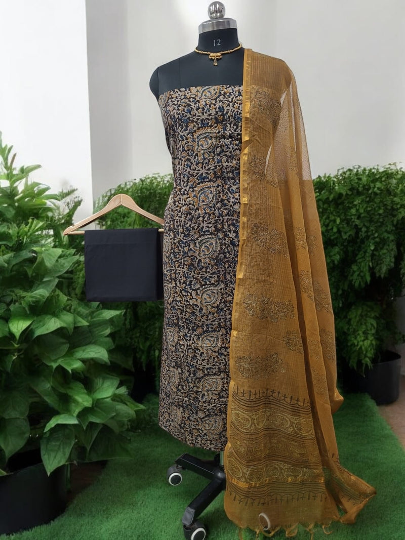 Handmade Pure Cotton Kalamkari Salwar Suit with Vanaspati Ajrakh Kota Doria Dupatta - Leheriya