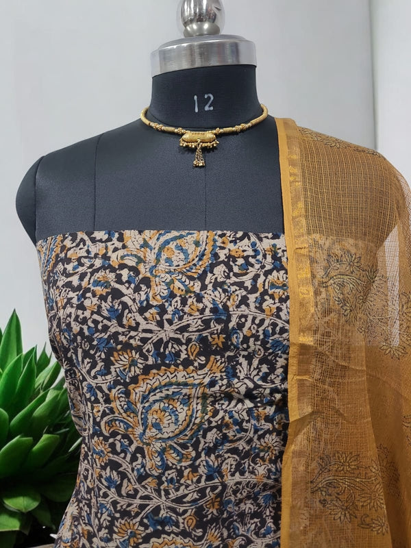 Handmade Pure Cotton Kalamkari Salwar Suit with Vanaspati Ajrakh Kota Doria Dupatta - Leheriya