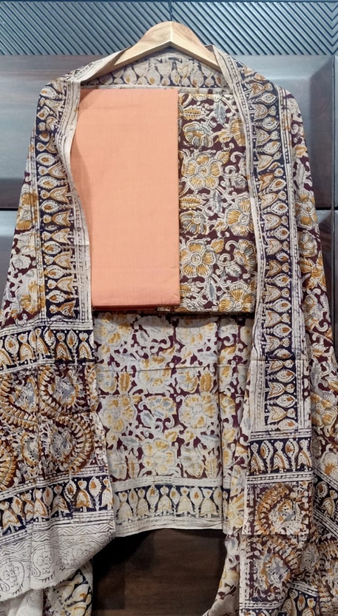 Handmade Pure Cotton Kalamkari Salwar Suits with Kalamkari Dupatta - Leheriya