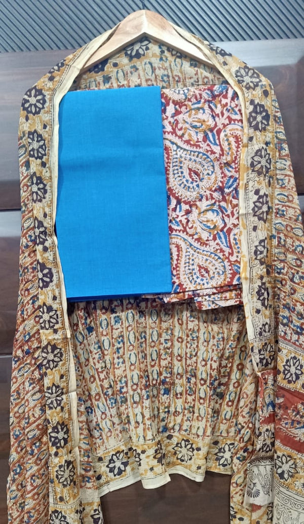 Handmade Pure Cotton Kalamkari Salwar Suits with Plain South Cotton Dupatta - Leheriya