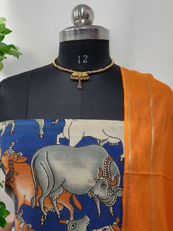 Handmade Pure Cotton Kalamkari Salwar Suits with Plain South Cotton Dupatta - Leheriya