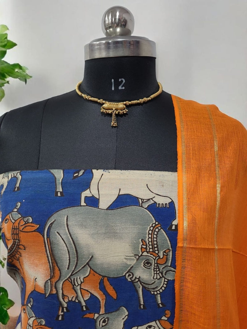 Handmade Pure Cotton Kalamkari Salwar Suits with Plain South Cotton Dupatta - Leheriya