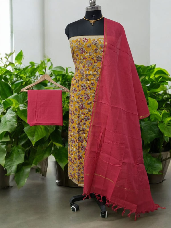 Handmade Pure Cotton Kalamkari Salwar Suits with Plain South Cotton Dupatta - Leheriya
