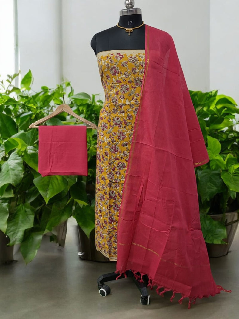 Handmade Pure Cotton Kalamkari Salwar Suits with Plain South Cotton Dupatta - Leheriya