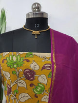 Handmade Pure Cotton Kalamkari Salwar Suits with Plain South Cotton Dupatta - Leheriya