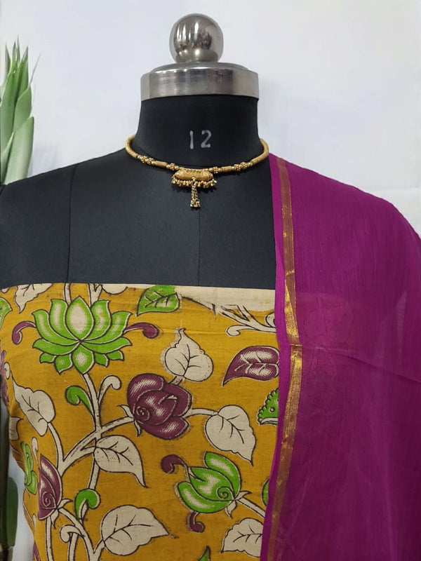 Handmade Pure Cotton Kalamkari Salwar Suits with Plain South Cotton Dupatta - Leheriya