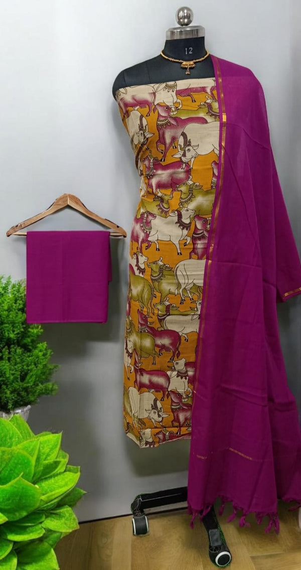 Handmade Pure Cotton Kalamkari Salwar Suits with Plain South Cotton Dupatta - Leheriya