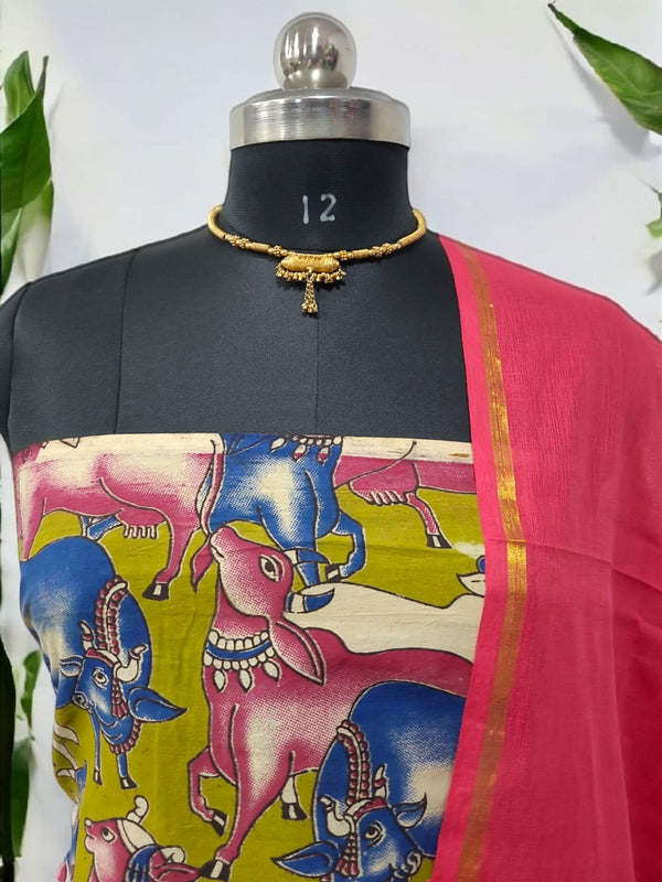 Handmade Pure Cotton Kalamkari Salwar Suits with Plain South Cotton Dupatta - Leheriya