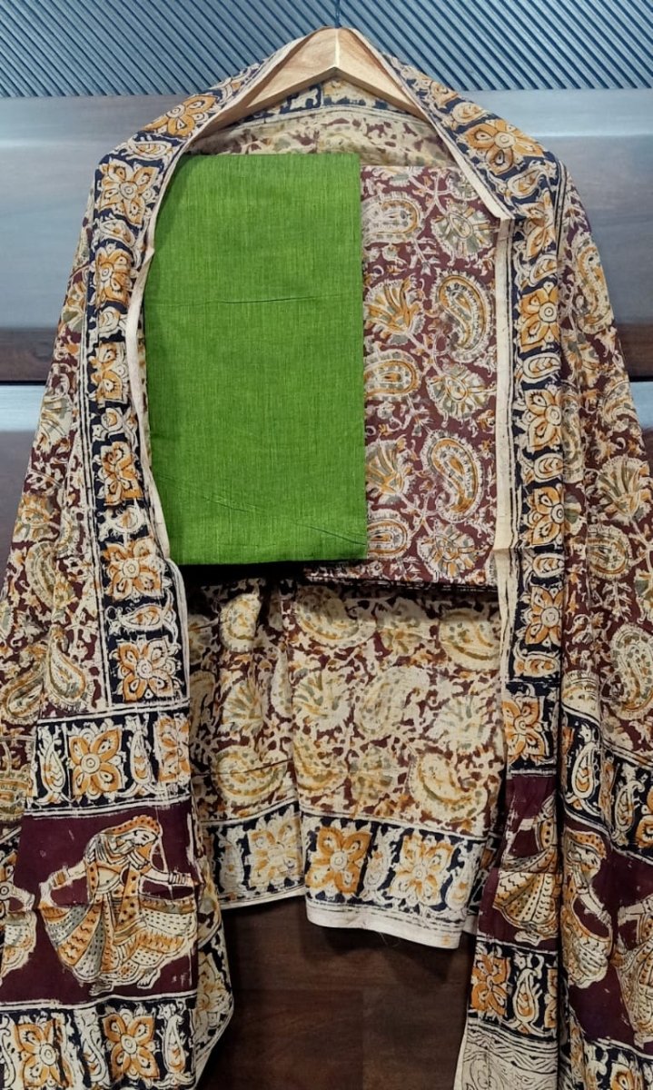 Handmade Pure Cotton Kalamkari Salwar Suits with Plain South Cotton Dupatta - Leheriya