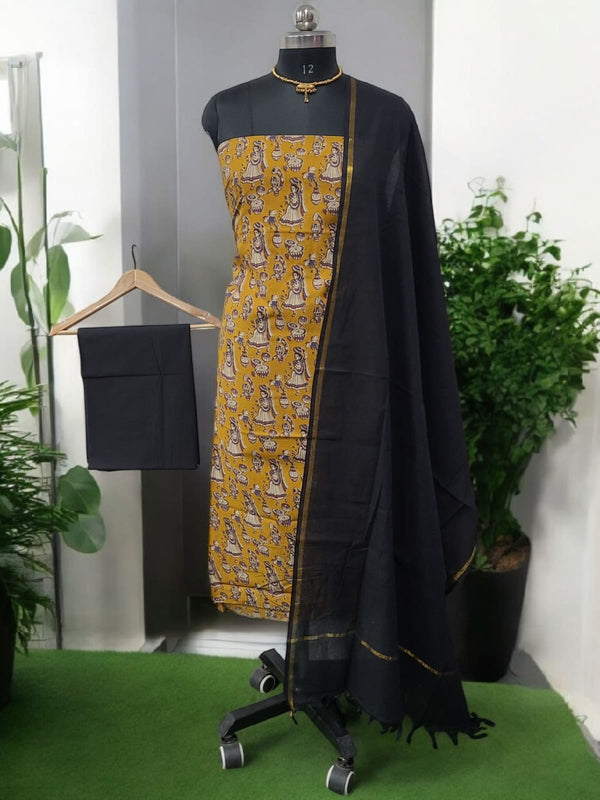 Handmade Pure Cotton Kalamkari Salwar Suits with Plain South Cotton Dupatta - Leheriya