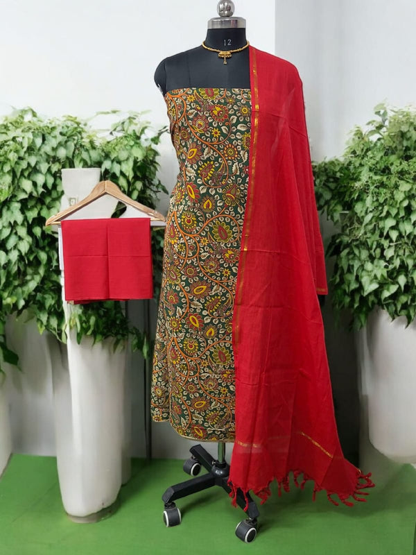 Handmade Pure Cotton Kalamkari Salwar Suits with Plain South Cotton Dupatta - Leheriya
