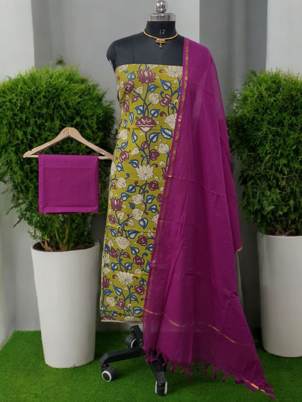 Handmade Pure Cotton Kalamkari Salwar Suits with Plain South Cotton Dupatta - Leheriya