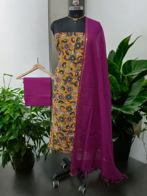 Handmade Pure Cotton Kalamkari Salwar Suits with Plain South Cotton Dupatta - Leheriya