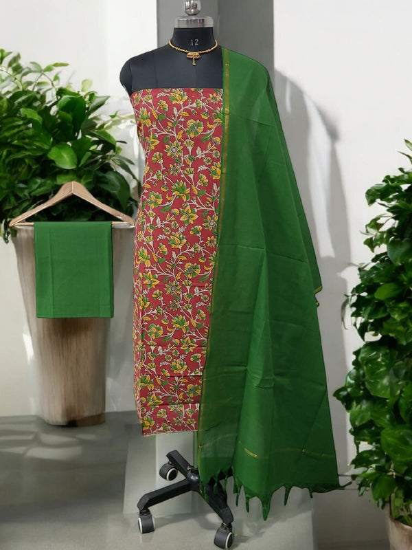 Handmade Pure Cotton Kalamkari Salwar Suits with Plain South Cotton Dupatta - Leheriya