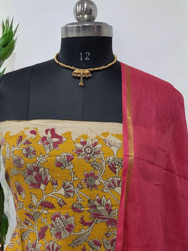 Handmade Pure Cotton Kalamkari Salwar Suits with Plain South Cotton Dupatta - Leheriya