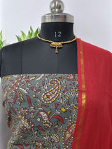 Handmade Pure Cotton Kalamkari Salwar Suits with Plain South Cotton Dupatta - Leheriya