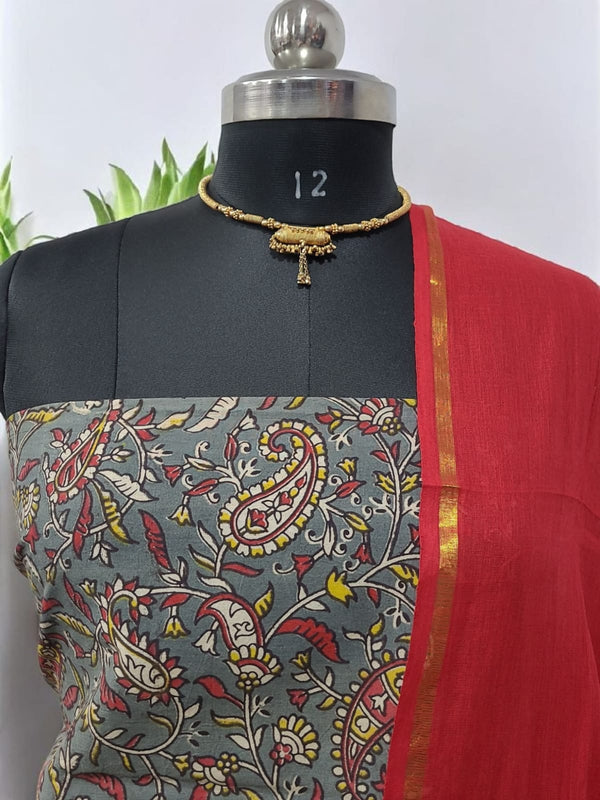 Handmade Pure Cotton Kalamkari Salwar Suits with Plain South Cotton Dupatta - Leheriya