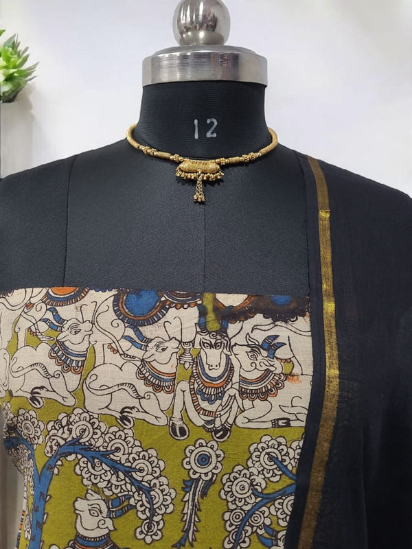 Handmade Pure Cotton Kalamkari Salwar Suits with Plain South Cotton Dupatta - Leheriya
