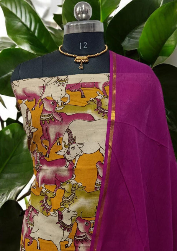 Handmade Pure Cotton Kalamkari Salwar Suits with Plain South Cotton Dupatta - Leheriya