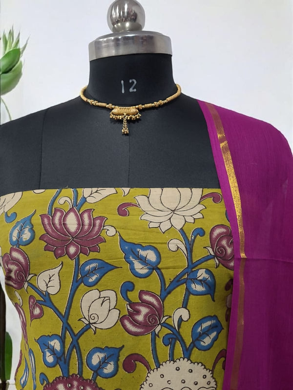 Handmade Pure Cotton Kalamkari Salwar Suits with Plain South Cotton Dupatta - Leheriya