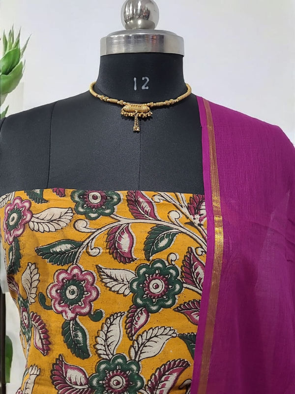 Handmade Pure Cotton Kalamkari Salwar Suits with Plain South Cotton Dupatta - Leheriya