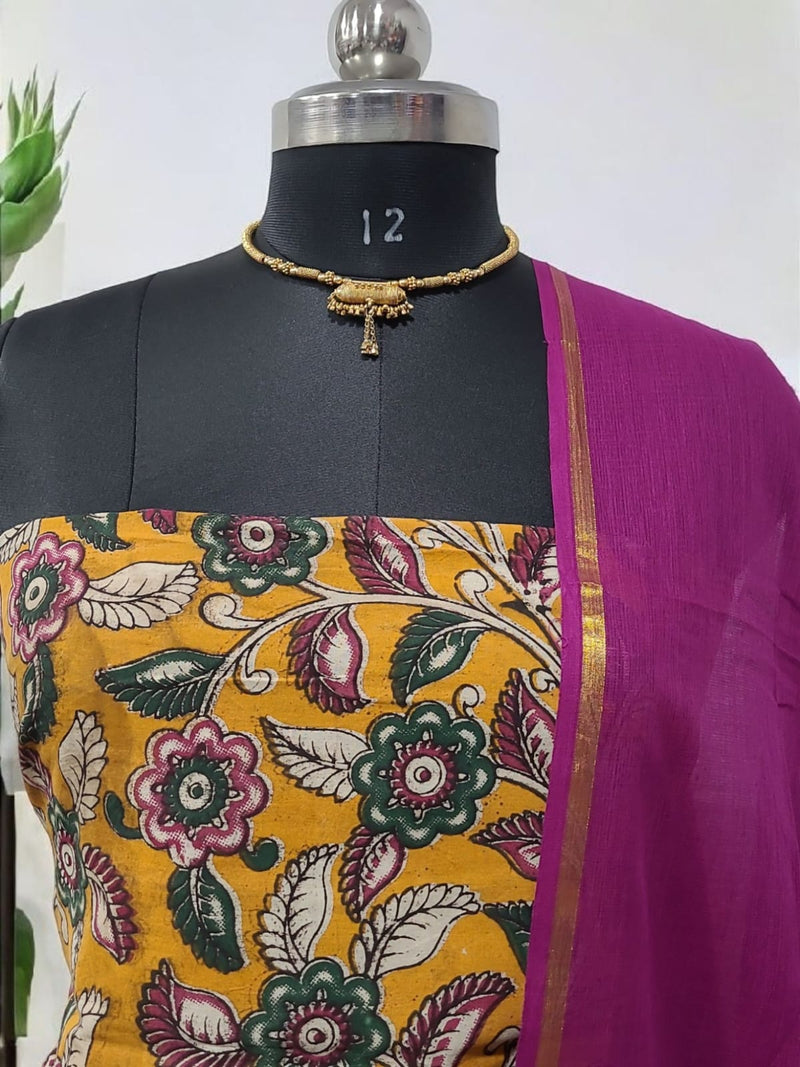 Handmade Pure Cotton Kalamkari Salwar Suits with Plain South Cotton Dupatta - Leheriya