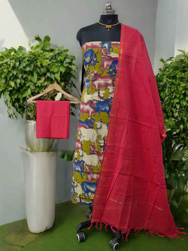 Handmade Pure Cotton Kalamkari Salwar Suits with Plain South Cotton Dupatta - Leheriya