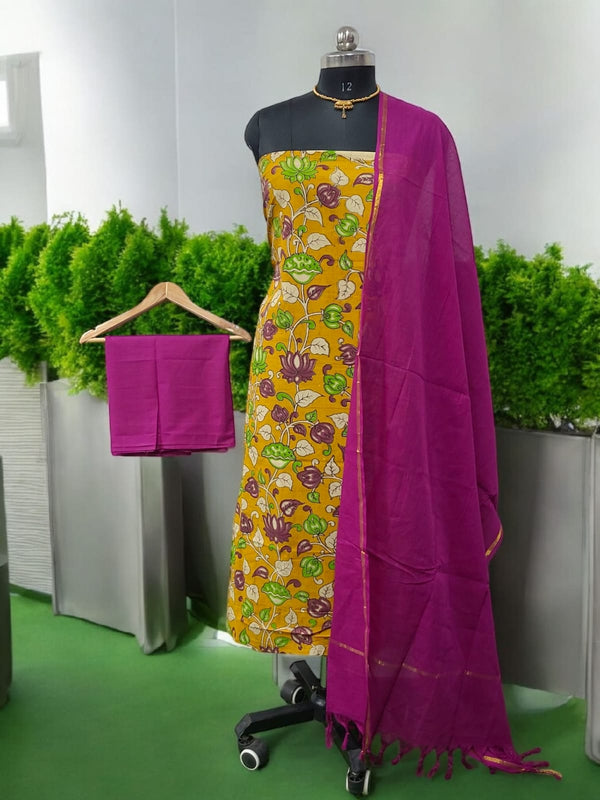Handmade Pure Cotton Kalamkari Salwar Suits with Plain South Cotton Dupatta - Leheriya
