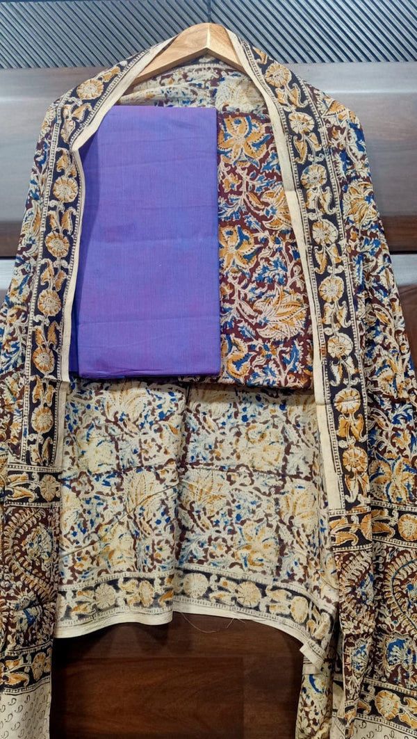 Handmade Pure Cotton Kalamkari Salwar Suits with Plain South Cotton Dupatta - Leheriya