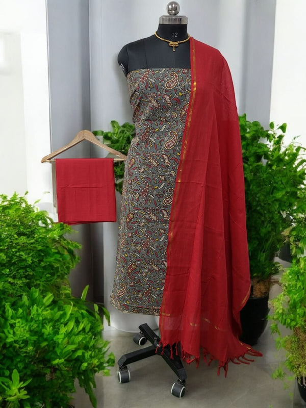 Handmade Pure Cotton Kalamkari Salwar Suits with Plain South Cotton Dupatta - Leheriya