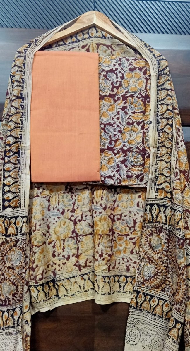 Handmade Pure Cotton Kalamkari Salwar Suits with Plain South Cotton Dupatta - Leheriya
