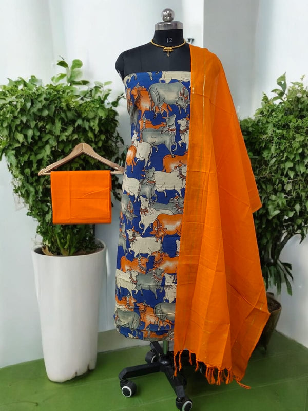 Handmade Pure Cotton Kalamkari Salwar Suits with Plain South Cotton Dupatta - Leheriya