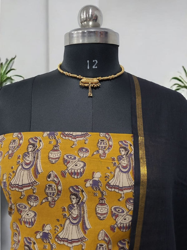 Handmade Pure Cotton Kalamkari Salwar Suits with Plain South Cotton Dupatta - Leheriya
