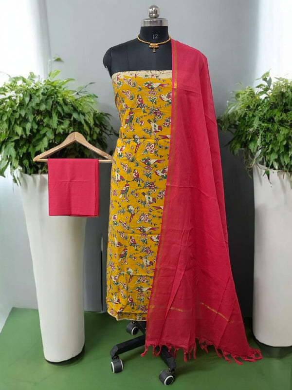 Handmade Pure Cotton Kalamkari Salwar Suits with Plain South Cotton Dupatta - Leheriya