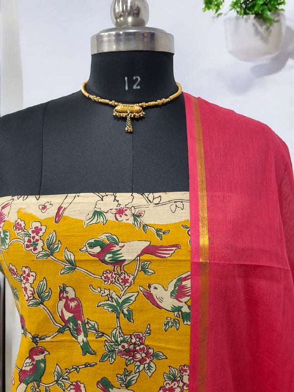 Handmade Pure Cotton Kalamkari Salwar Suits with Plain South Cotton Dupatta - Leheriya