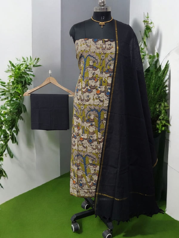 Handmade Pure Cotton Kalamkari Salwar Suits with Plain South Cotton Dupatta - Leheriya
