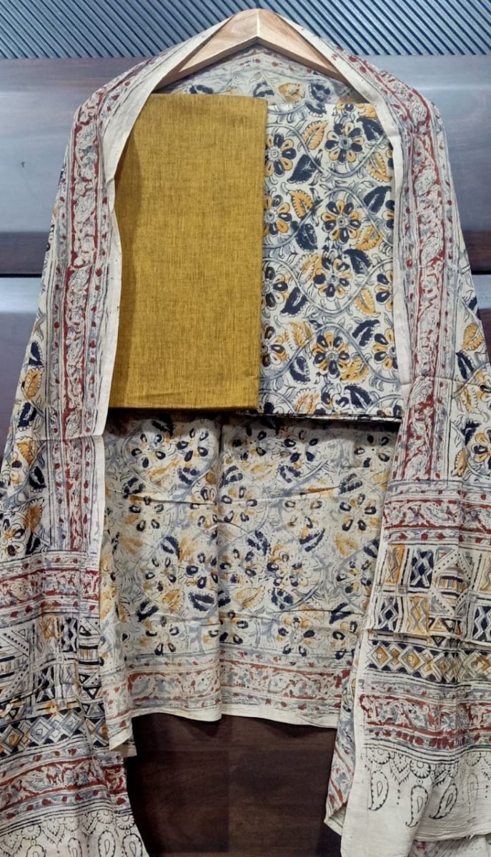 Handmade Pure Cotton Kalamkari Salwar Suits with Plain South Cotton Dupatta - Leheriya