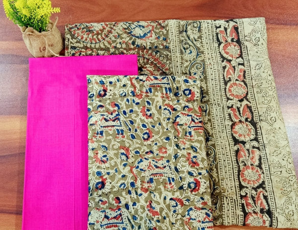 Handmade Pure Cotton Kalamkari Salwar Suits with South Cotton Dupatta - Leheriya