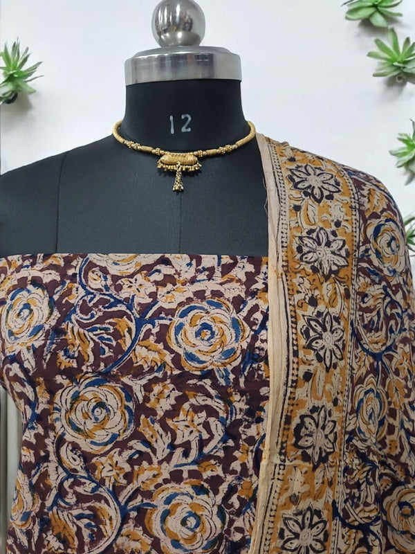 Handmade Pure Cotton Kalamkari Salwar Suits with South Cotton Dupatta - Leheriya